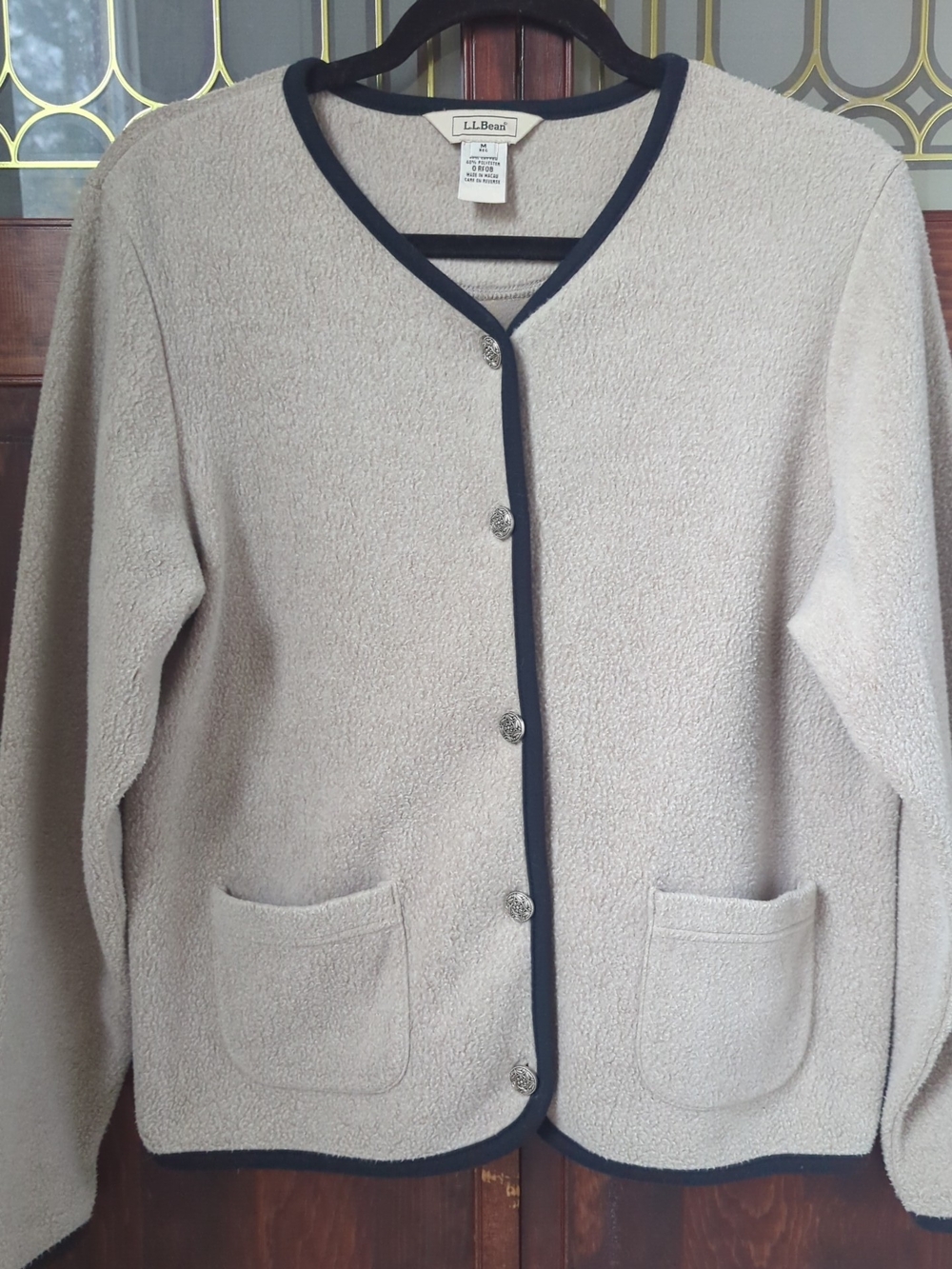 L.L.Bean | Grey Fleece Button-Front Cardigan with Navy Trim | Women's M